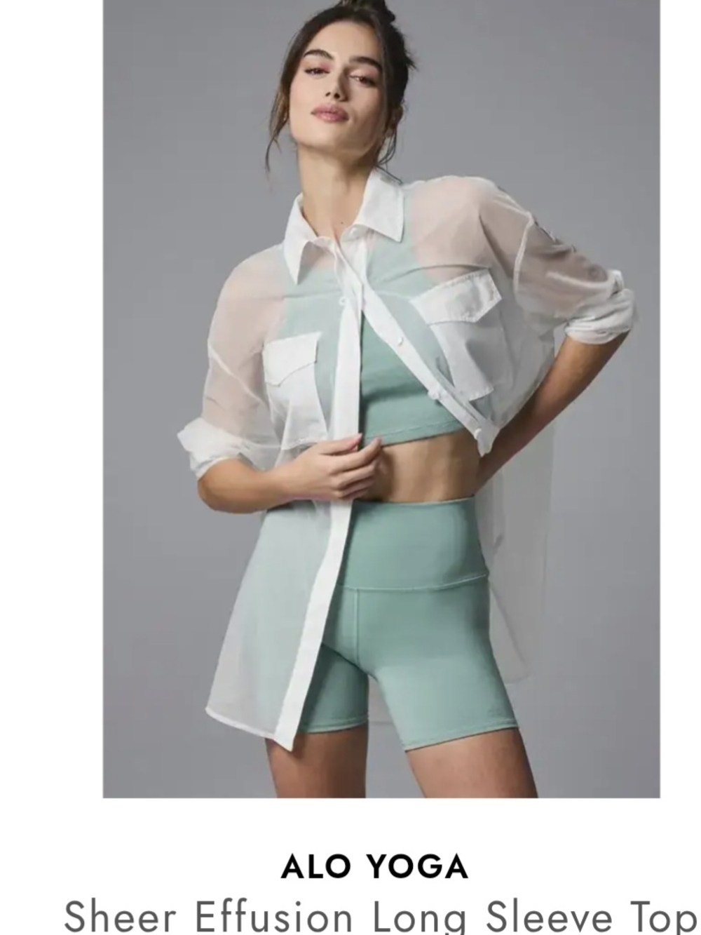 ALO Yoga Sheer White Button-Up Overlayer with Seafoam Active Set